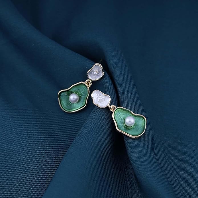 Vintage Lotus leaf Pearl Drop Earrings Green Lotus Leaf Earrings Green Enamel Flower Earrings Gold Irregular Pearl Earrings Jewelry for Women-VivaGrace Women