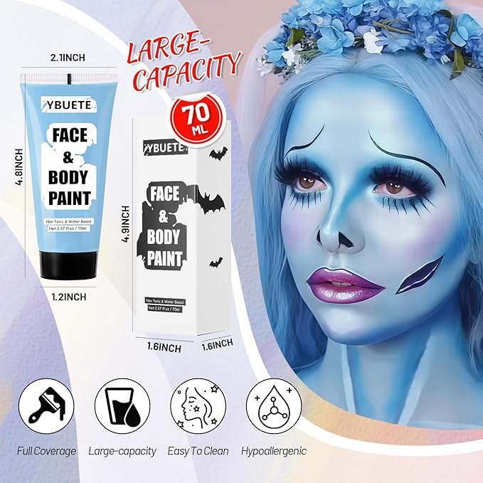 Light Blue Water Based Face Body Paint, 2.37 OZ Large Tube Full Coverage Face Paint for Corpse Bride Avatar Mermaid Cosplay Makeup,Washable Blue Body Painting for Adult Halloween SFX Makeup-VivaGrace Women