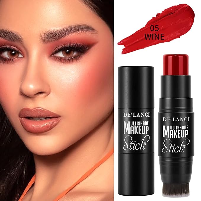 Matte Blush Stick with Built in Brush for Cheeks Summer,Ultra Pigmented Color Pop Makeup Dark Red Blush for Cheeks/Lip/Eyes,DE’LANCI Makeup Gifts for Women/Girl,Travel Size Cute Blush,Cruelty-Free #5-VivaGrace Women
