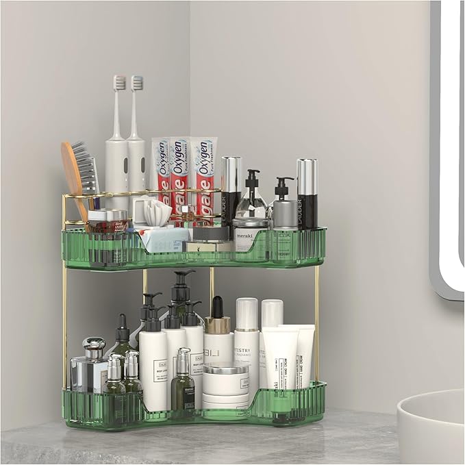 2 Tier Corner Bathroom Organizer Countertop, Vanity Makeup Organizer with Brush Holder, Space-Saving Skincare Storage Corner Shelf for Bathroom, Dressing Table, Kitchen-VivaGrace Women