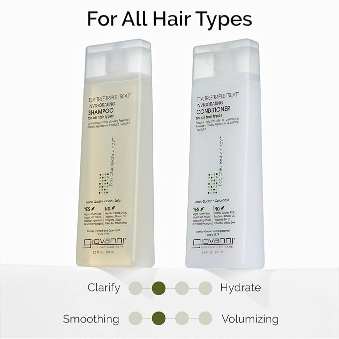 GIOVANNI Tea Tree Triple Treat Invigorating Shampoo & Conditioner Set - Cooling Peppermint, Eucalyptus, Rosemary, Helps Dry, Flaky Scalp, Salon Quality, Vegan, Cruelty Free - 8.5 oz Each-VivaGrace Women