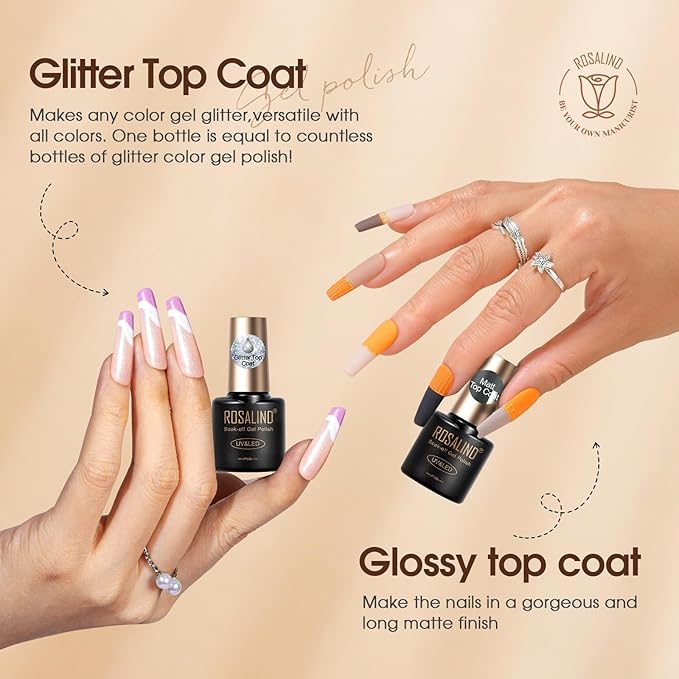 ROSALIND 8 PCS Nail Prep Dehydrator and Primer with Base Coat Top Coat, Glossy Glitter Matte Top Coat for Acrylic Gel Nail Polish Nail Art Supplies Gift-VivaGrace Women