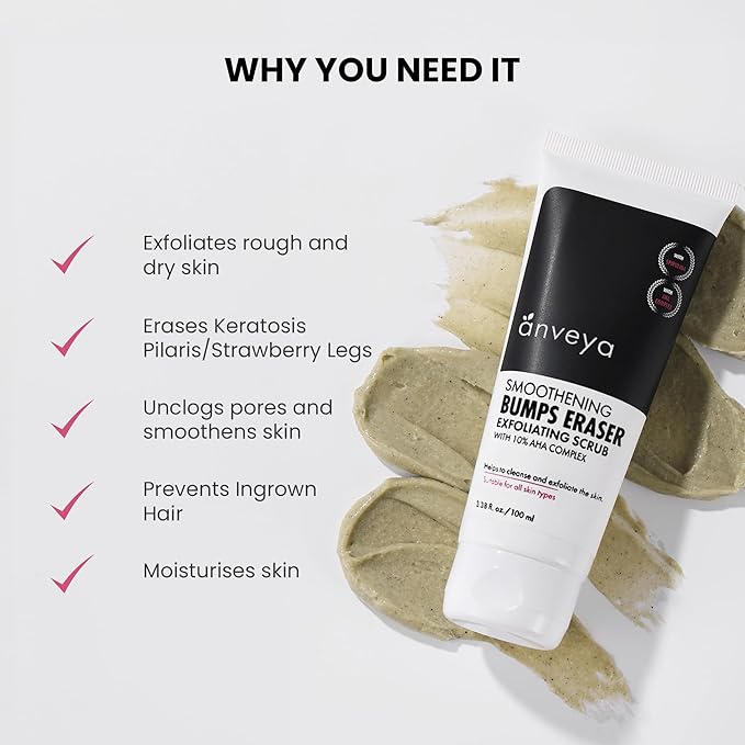 Anveya Smoothening Bumps Exfoliating Body Scrub For Bumpy & Dry Skin, Strawberry Legs, Keratosis Pilaris & Ingrown Hair | Glycolic Acid, Lactic Acid & Spirulina | For Men & Women | 100ml-VivaGrace Women