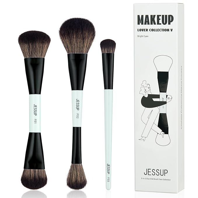 Jessup Face Makeup Brushes Blue 3pcs Double Ended Makeup Brush for Foundation Contour Blush Highlight and Concealer Brush, Premium Synthetic Brush Set T503-VivaGrace Women