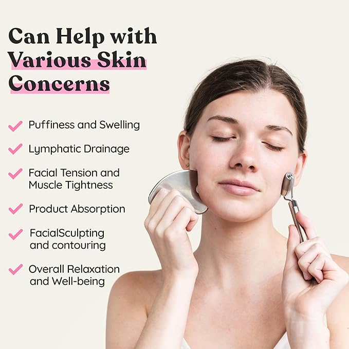 Stainless Steel Face Roller - Premium Gua Sha Facial Tools Stainless Steel GuaSha Tool and Face Roller Set - Gua Sha Stainless Steel Gua Sha Tool - Metal Face Roller and Gua Shua Set - Spa Gifts-VivaGrace Women