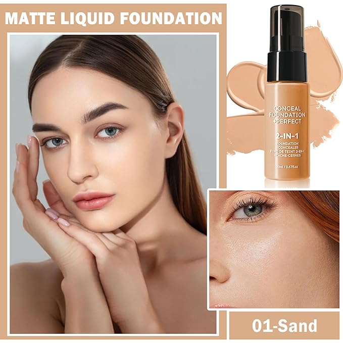 Concealer Full Coverage Foundation for Mature Skin,Oil Control Matte 2 in 1 Concealer liquid Foundation Makeup Waterproof Base De Maquillaje Alta Cobertura-01 Sand-VivaGrace Women
