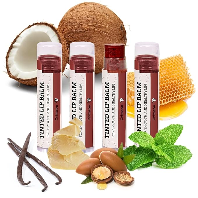 Tinted Lip Balm by Earth’s Daughter – 4 Pack of Crimson Color – Beeswax, Coconut Oil, Cocoa Butter, Vitamin E – Moisturize and Beautify – Paraben Free-VivaGrace Women