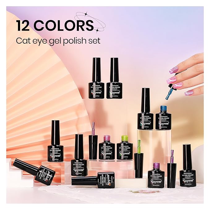 12 Colors Neon Cat Eye Gel Nail Polish with Magnetic Cateye Nail Polish Gel Yello Pink Purple Cat Eye Effects Summer Collection for Home Manicure