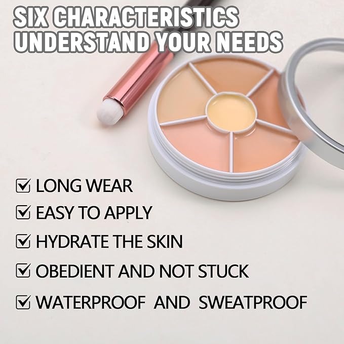 6 Colors Concealer Palette with Brush,Full Coverage,Cream Contouring Makeup Kit,Corrects Dark Circles Red Marks Scars-VivaGrace Women