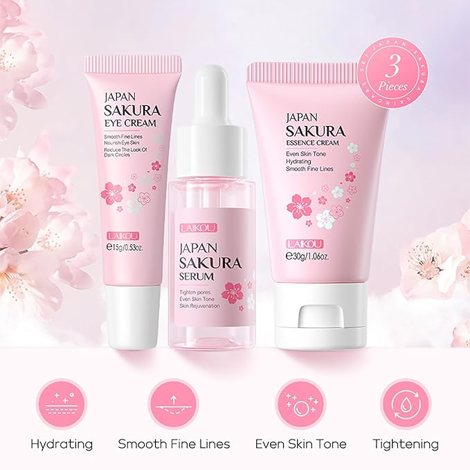 Skin Care Set JAPAN SAKURA Women Beauty Gift Sets Skin Care Kit with Serum, Eye Cream, Face Cream Travel Kit for Women Wife Mom Teen Girls TSA-friendly Sizes Birthday Gift 3pcs-VivaGrace Women