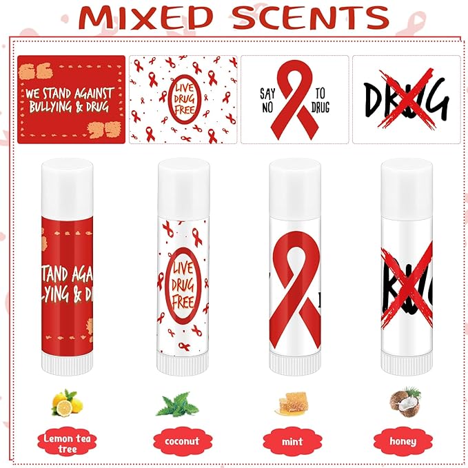 Fumete 50 Pcs Red Awareness Ribbon Lip Balm Bulks Red Ribbon Week Support Gift Red Ribbon Week Supplies Mental Health Awareness Items for Unisex Adults Volunteer Fundraising Charity Activity-VivaGrace Women