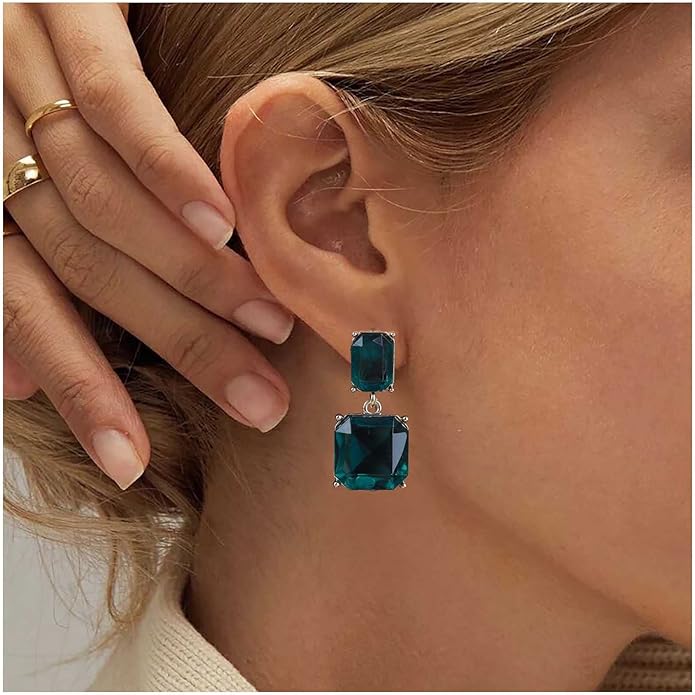 Vintage Emerald Square Earrings Green Emerald Drop Earrings Geometric Emerald Earrings Luxury Wedding Green Crystal Stud Earrings Jewelry for Women-VivaGrace Women