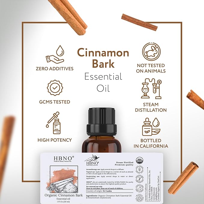 HBNO Organic Cinnamon Bark Essential Oil - 1 oz (30ml) Size - Ideal for Diffusers, Cleaning Agents, Skincare, and Haircare.-VivaGrace Women