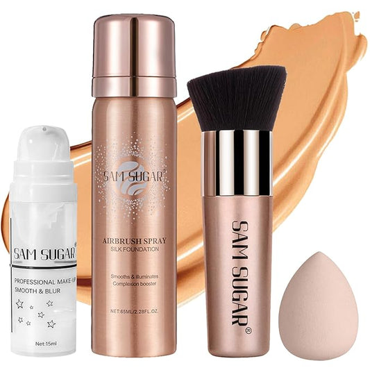 AirBrush Foundation Spray Set, Spray Foundation Makeup and Hydrating Face Primer Kit, Longwear Waterproof Liquid Matte Foundation Mist for Flawless Look, Brush and Sponge Include (#5 Warm Honey)-VivaGrace Women