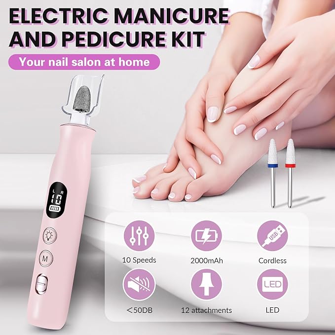 Electric Nail Drill, Cordless 2000 mAh Rechargeable Portable Nail File 12 in 1 Kit for Thick Toenails, 10 Speeds Nail Dril Machine Professional Manicure Pedicure for Hand Natural Nails Care (Pink)-VivaGrace Women