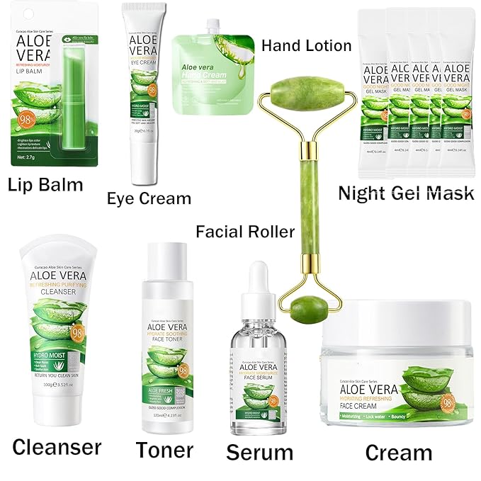 13Pcs Skin Care Products Set, Aloe Vera Skin Care Sets, Skin Care Gift Set for Women Girls, Skincare Routine Set, Face Care Kit for Dry Skin, Hydrating Moisturizer, Cleanser, Face Massage Roller-VivaGrace Women