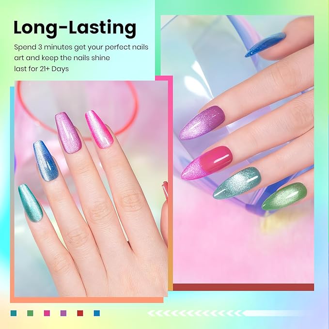 RARJSM Neon Diamond Cat Eye Gel Nail Polish Set 6 Colors Velvet Silver Glitter Bright Green Lake Blue Red Rose Purple Gel Polish with Magnet Stick UV LED Curing Requires Soak Off Home Salon Diy-VivaGrace Women