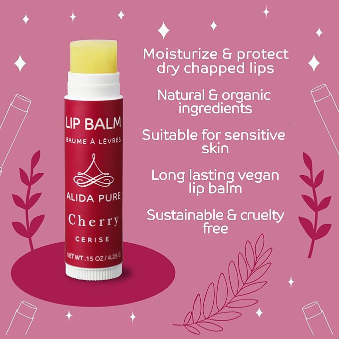 Cherry Lip Balm Collection, Vegan Lip Balm Set, Beeswax Free, with Avocado Oil, Organic Jojoba Oil, and Vitamin E, Natural Moisturizer for Dry, Chapped Lips, 3 Tube Set-VivaGrace Women