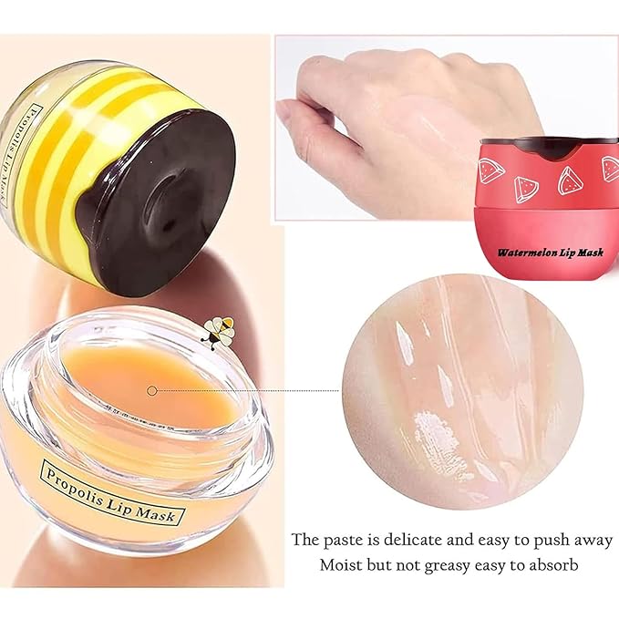 Bee Lip Balm Honey Pot, Strawberry & Honey Moisturizing Propolis Lip Mask, Hydrating & Prevention Dry and Cracked Lip Scrubs Exfoliator, Reduces Lip Lines (Red)-VivaGrace Women