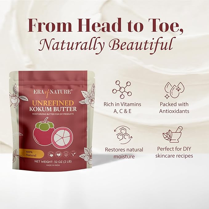 era of nature Kokum Butter Raw - 32 oz (2lb) – Natural Butter for Body Butters, Lotion Bars, Lip Balm, Soap Making – Blends Well with Shea or Cocoa Butter – For Stretch Marks, Scars, Pregnancy Care-VivaGrace Women