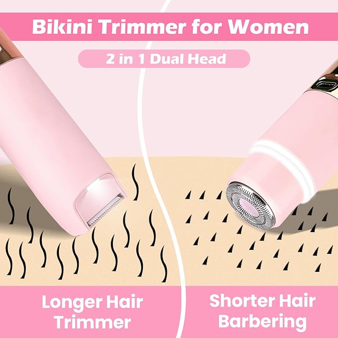 Bikini Trimmer for Women, Glow Aura Womens Shaver, Quiet Dual Head Waterproof Cordless Rechargeable Painless Trimmer for Underarms, Legs, Body (Pink)-VivaGrace Women