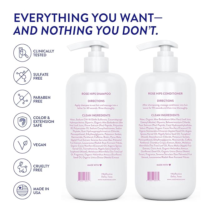 Routine Wellness Shampoo and Conditioner Set and Hair Serum for Thinning Hair - DHT Blocker Women & Men - Color Safe Shampoo for Hair Loss & Healthier Hair - Rose Hips Set + Serum-VivaGrace Women