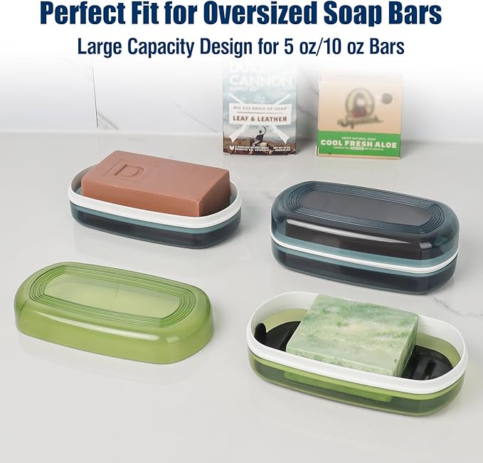 Shampoo Bar Holder Travel Case, Large Soap Holder for 5 oz/10 oz Oversized Bars, Durable & Versatile Storage Soap Container with Drainage Layer (Green Style A-Large)-VivaGrace Women