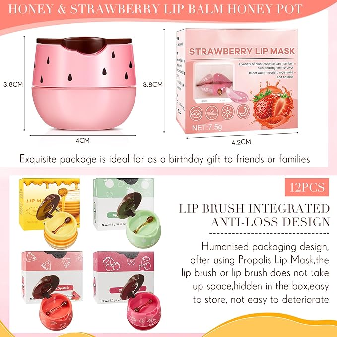 12 Pcs Bee Lip Balm Honey Pot with Brush Propolis Lip Mask Overnight, Moisturizing Hydrating Lip Sleeping Mask Prevention Dry and Cracked(Honey+Strawberry+Watermelon+Apple Lime+Cherry)-VivaGrace Women
