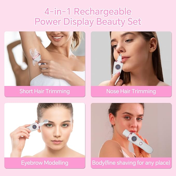 Electric Razor for Women, 4-in-1 Bikini Trimmer & Body Shaver for Face, Legs, Underarms, Pubic Hair, Rechargeable Wet/Dry Painless Hair Removal with LED Light & Travel Lock-VivaGrace Women
