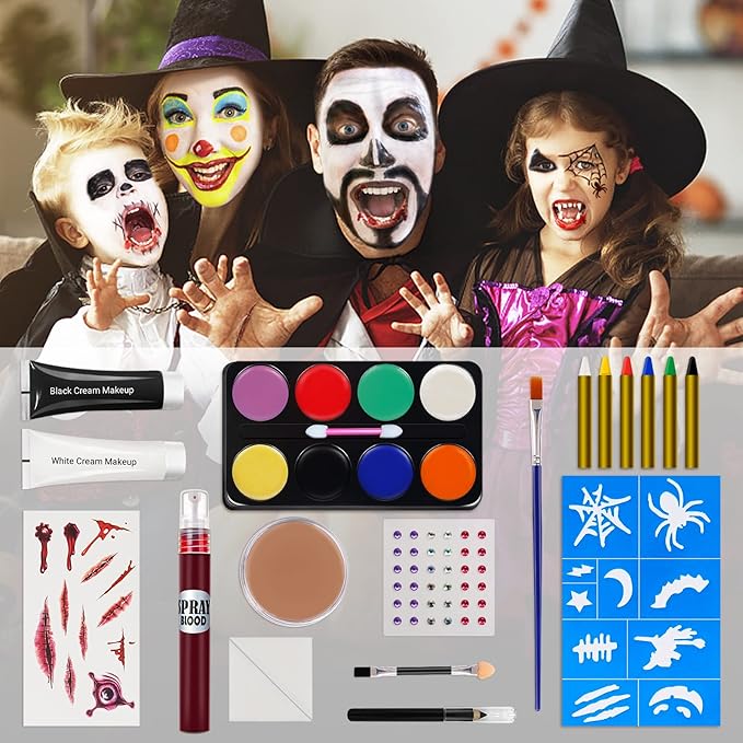 Halloween Makeup Kit, White Black Skeleton Face Paint, Clown Witch Makeup Palette, Vampire Zombie Makeup Kids Adult Special Effects: Fake Blood Scar Wax Tattoos Stencils Crayons Set-VivaGrace Women