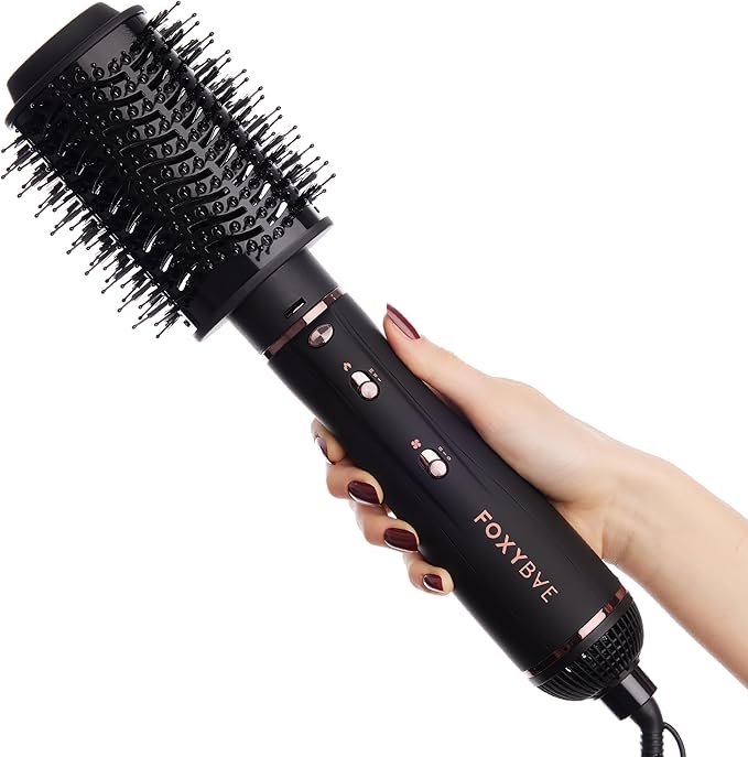 Foxybae Super Styler – 4-in-1 Blow Dryer Brush Set - Diffuser, Blowout Brush, 1.25” Curling Barrel & Drying Cylinder - Voluminous, Frizz-free Hair - Blow Dryer, Straightener & Curler [Black Rose-Gold]-VivaGrace Women