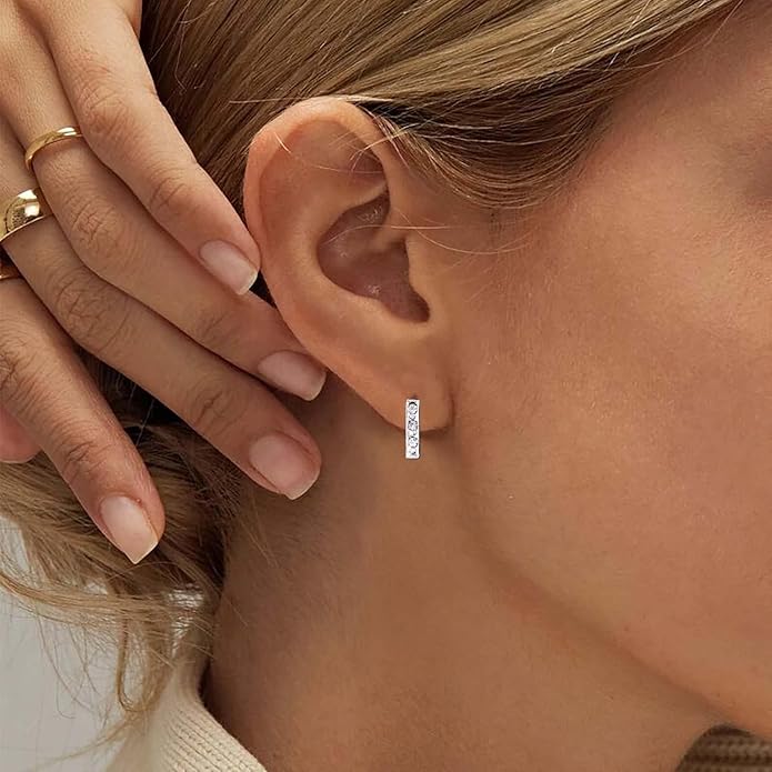Geometric Crystal Bar Earrings Silver Cz Bar Stick Earrings Cz Rhinestone Bar Stud Earrings Silver Minimalist Earrings Jewelry for Women and Girls-VivaGrace Women
