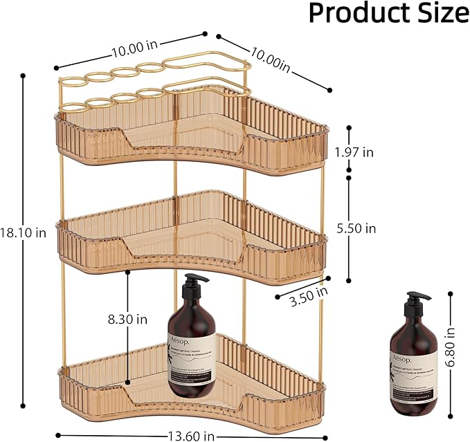 Corner Bathroom Counter Organizer with Top Toothbrush Holders, 3-Tier Make Up Organizers for Vanity with Brush Holder, Corner Storage for Bathroom, Kitchen, Dresser-VivaGrace Women