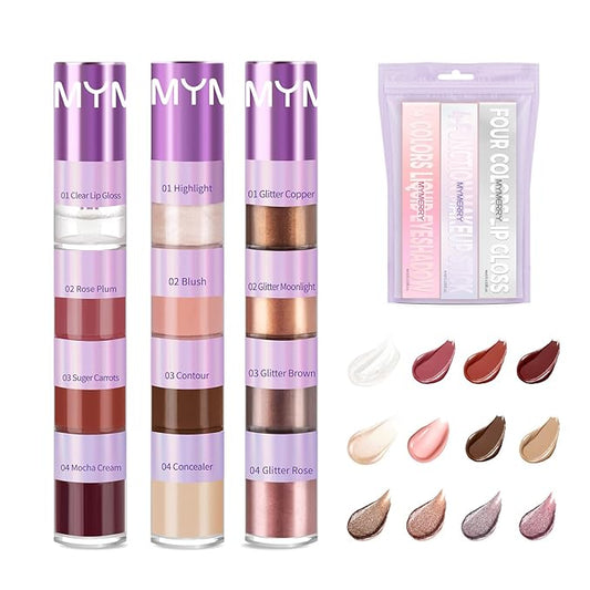 3 Pcs Cosmetic Sets 12 colors 4-Function cosmetic stick +Nonstick Raincoat Lip Gloss（3 colors+Clear Lip Gloss）+Liquid Eyeshadow in Four Colors Sets Waterproof-VivaGrace Women