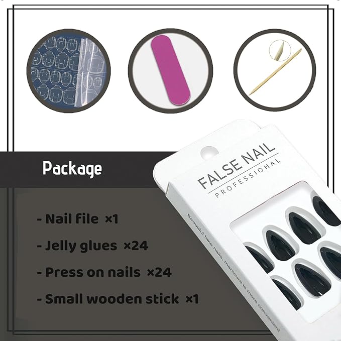 Black Fake Nails Medium Press on Nails Almond Glossy Acrylic Glue on Nails Full Cover Artificial False Nails for Women and Girls