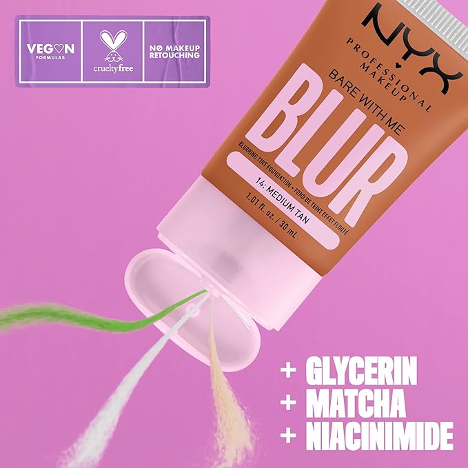 NYX PROFESSIONAL MAKEUP Bare With Me Blur Skin Tint Foundation Make Up with Matcha, Glycerin & Niacinamide - Medium Tan-VivaGrace Women