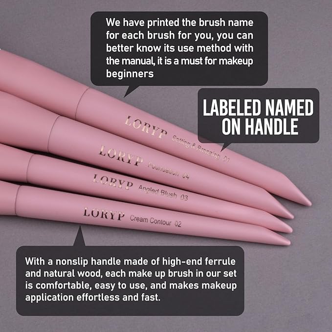 LORYP Makeup Brushes Set Labeled 18 Piece Face and Eye Brush Set Ultra soft hair Foundation, Concealer, Blush, Contour, Blending, Eyeshadow Pink Brush kit-VivaGrace Women
