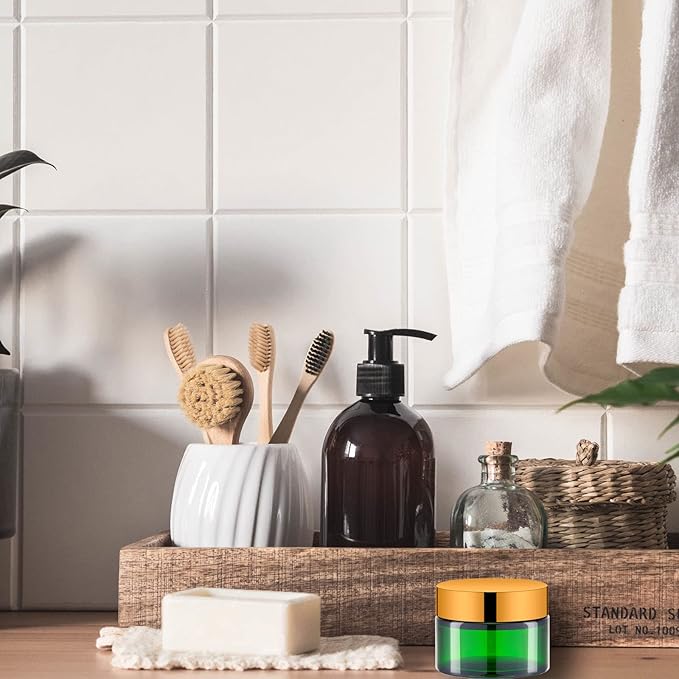 Lil Ray 1 oz Round Green Glass Jar with Inner Liners and Gold Lid (12pcs)-VivaGrace Women