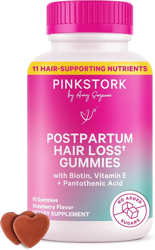 Pink Stork Postpartum Hair Loss Gummies - Biotin with Vitamin E, Pantothenic Acid, B6 & B12 for Beautiful & Strong Hair, Skin, and Nails - Postpartum Essentials for New Moms - 60 Gummy Vitamins-VivaGrace Women