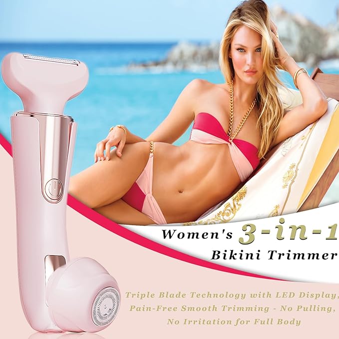 Bikini Trimmer for Women 3 in 1 Body Shaver | No Nick Replaceable Dual Heads | Rechargeable Electric Razors for Pubic Hair with LCD Display | Women's Bikini Area, Face, Legs & Underarms Trimmer-VivaGrace Women