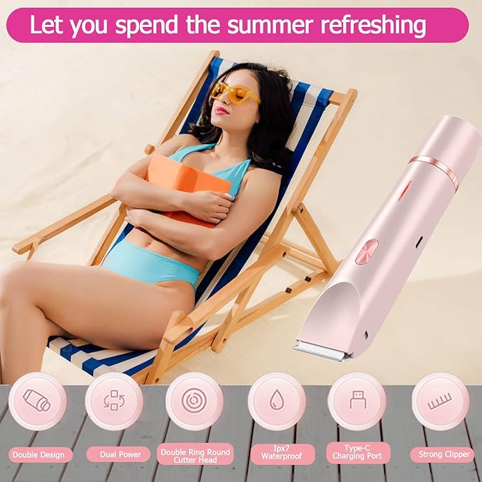 Bikini Trimmer for Women, Waterproof Bikini Shaver with Dual Head Design, Cordless Rechargeable Shaver for Women Private Area, Gentle Wet & Dry Hair Removal for Bikini Line & Underarms-VivaGrace Women