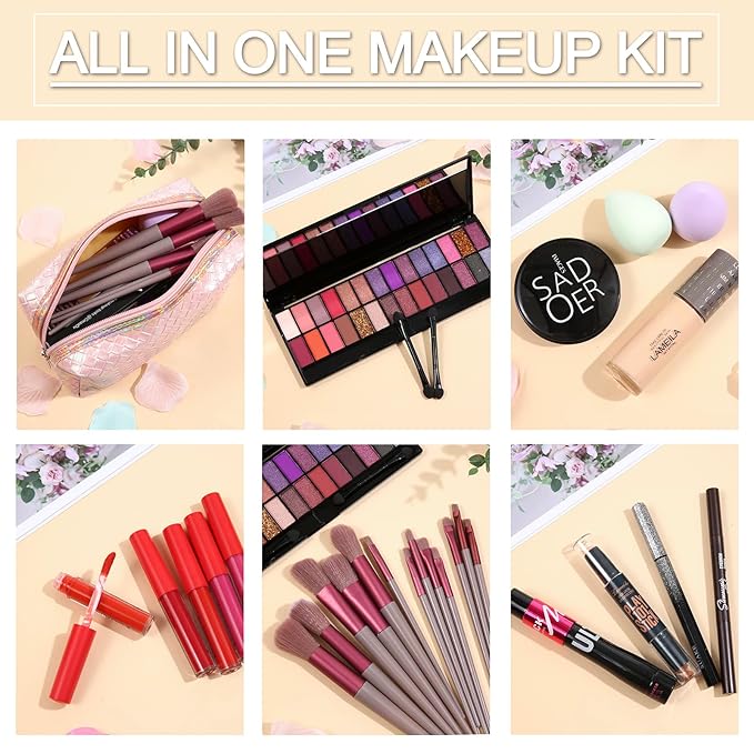 All in One Makeup Kit Makeup Kit for Women Full Kit Multipurpose Makeup Kit-Makeup Brush Set,Eyeshadow Palette,Lip Gloss Set, Makeup Bag,Eyebrow Pencil,Eyeliner pencil,Mascara,Contour Bar,Liquid foundation,concealer and Face Makeup-VivaGrace Women