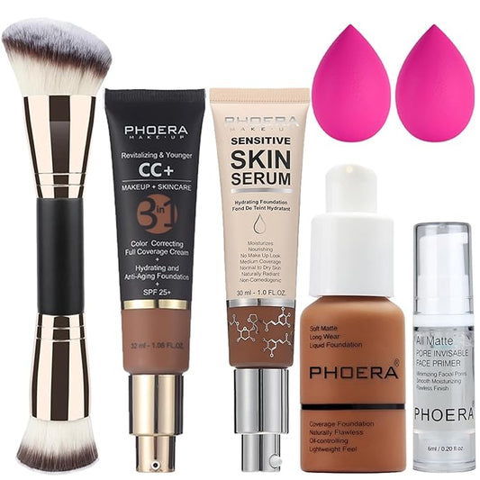 PHOERA Foundation, PHOERA Contour Palette,Shades with Highlighter & Bronzer & Blush,PHOERA Makeup Lightweight Long Lasting Wrinkles Matte Natural Finish (109+200CC+N06/ Mocha+ Mocha+Mocha)-VivaGrace Women
