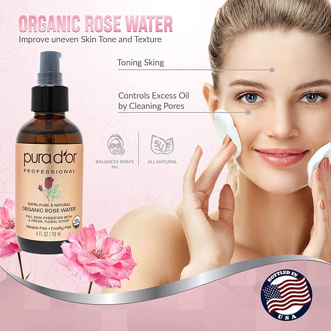 PURA D'OR Organic Rose Water Toner (4oz / 118mL) Eau Fraiche, 100% Pure Full Skin Hydration, Control Excess Oils & Acne - Cleanses & Softens - Promotes Healthy Skin Cell - for All Skin Types-VivaGrace Women