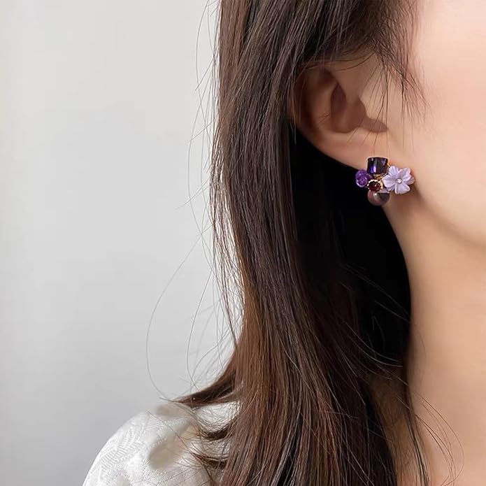 Boho Amethyst Flower Drop Earrings Vintage Purple Rhinestones Flora Petal Earrings Statement Purple Rose Studs Wedding Prom Geometric Crystal Flower Earrings Jewelry for Women-VivaGrace Women