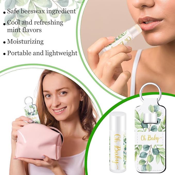 18 Sets Baby Shower Bridal Shower Favors for Guests Bulk Lip Balm and Lipstick Holder Keychains Set Baby Shower Bridal Shower Goodies Bags Thank You Gifts for Guests(Eucalyptus Baby)-VivaGrace Women
