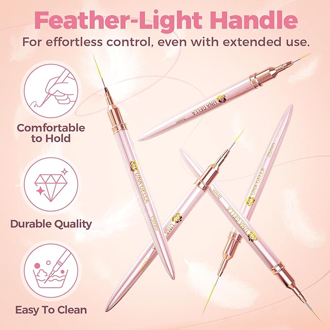 UNA GELLA Nail Art Brushes Metallic, 5 Count Liner Pens Set For Nail Art Gel Polish, Detail Nail Art Design Painting Brush Set For Nails Gel Fine Drawing Nail Tools, Sizes 7/9/11/15/25mm-VivaGrace Women