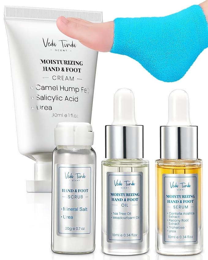 VTS Self Care Kit - Includes Moisturizing Heel Socks, Hand & Foot Oil, Salt Scrubs, Serum, Urea Cream 40 Percent - Hand Care Set, Foot Pedicure Kit for Dry Cracked Heels Feet Knees Elbows Hands-VivaGrace Women