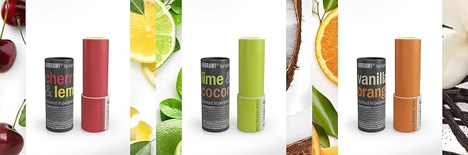Hurraw! Cherry Lemon, Lime Coconut, and Vanilla Orange Lip Balm 3 Pack Bundle: Plastic-Free with new cardboard push-up tube. Certified Organic, Natural & Vegan. Bee, Shea, Soy & Palm Free. Made in USA-VivaGrace Women