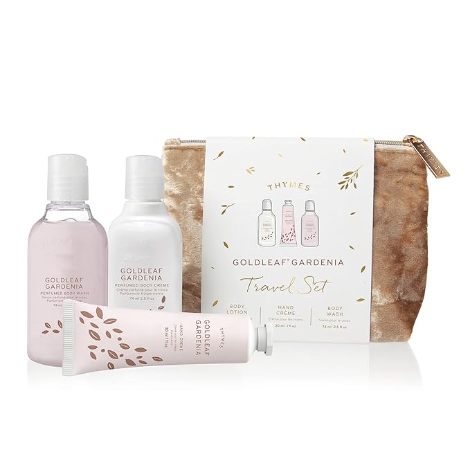 Thymes Perfumed Travel Set and Beauty Bag - Contains Body Wash, Body Lotion & Hand Cream - Goldleaf Gardenia-VivaGrace Women